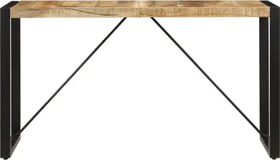 A simple studio shot of a wooden dining table with black metal legs against a white background.