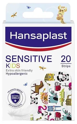 Obrázok produktu pre Hansaplast Kids Sensitive, Obdĺžnikový, Viacfarebný, 20 kusov