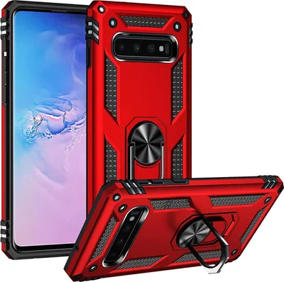 Produktbild von Conie Outdoor Schutzhülle für Samsung Galaxy S10 Tasche Silikon Hard Case Cover Hülle mit Halter Ständer in Rot