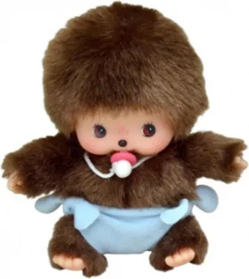 A Monchhichi doll wearing a diaper and pacifier, presented against a white background.