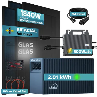 Produktbild von SUNNIVA® 1840W Balkonkraftwerk mit 2.01 kWh Speicher TSUN SOLARCAN TSOL-DCU2000Lite, 4x 460W BIFAZIAL FULLBLACK komplett Steckdose, Solarspeicher