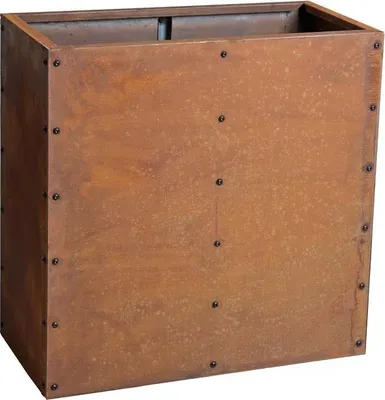 A square planter box made of rusted metal with visible rivets.