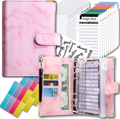 A pink marble-patterned budget planner set with various accessories.