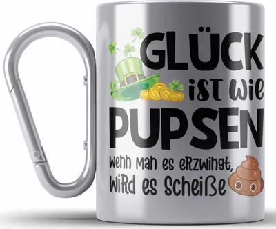 Produktbild von Trendation - Glück Ist Wie Pupsen Edelstahl Tasse Karabinern Edelstahl Tasse Karabiner Becher Karabiner Edelstahl Tasse Karabiner Edelstahl Lustig Spruch Geschenk Frauen Männer (Silber)