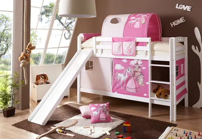 Produktbild von Etagenbett mit Rutsche "Lupo" Buche massiv Weiß Motiv (Horse (Pink))
