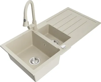Image de Mexen Andres Évier en granit 1,5 bol avec égouttoir et mitigeur Elia, Beige - 6515-69-670101-69