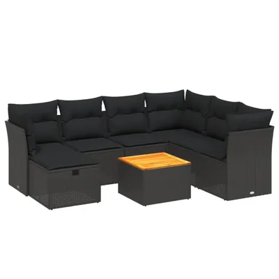 Produktbild von Modulares Garten-Loungeset, 8-teilig, mit Kissen, Poly Rattan & Akazienholz, UV-beständig, Schwarz