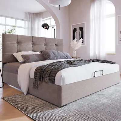 Produktbild von MODFU Boxspringbett Hydraulisches 140 x 200 cm mit LED-Beleuchtung und Verstellbares Kopfteil, Polsterbett Doppelbett Stauraumbett mit Bettkasten Stauraum und Lattenrost aus Metallrahmen, Samtstoff Hellgrau(Ohne Matratze)