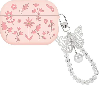 Zdjęcie produktu dla Etui AirPods Pro 1/2 Silikonowe Różowe Kwiaty z Zawieszką Motyl