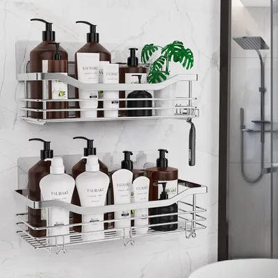 Produktbild von Duschkorb Duschablage ohne Bohren,2 Stück Badezimmer Regal,Duschkörbe für Bad Küche Toilette,Edelstahl Duschablage mit 5 Haken,wandmontiertes,Silber