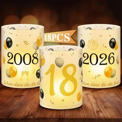 Produktbild von 18Pcs Windlichter Tischdeko 18. Geburtstag - Deko 18. Geburtstag Mädchen Junge - Schwarz Gold Happy Birthday Tischdeko für Teelichter oder Kerzen