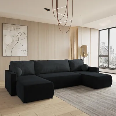 Produktbild von Masseno Ecksofa TESSUN mit Schlaffunktion U-Form, Sofa mit Bettkasten, Wohnzimmersofa, Couch, Soffa, Bettsofa, Couchgarnitur- Schwarz, POSO 135 + KRONOS 07