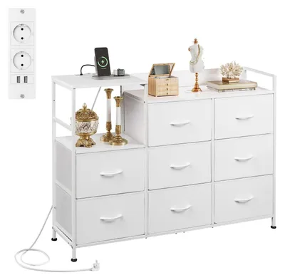 Obrázek produktu pro Komoda s 8 zásuvkami potaženými látkou, bílá, rozměry 119,6 x 86,1 cm, s elektrickými zásuvkami