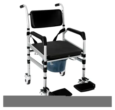 Produktbild von Klappbarer Duschstuhl mit Rollen, Toilettenstuhl für Senioren mit Armlehne, Duschstuhl mit Rückenlehne und Toiletteneimer, höhenverstellbar, Belastbarkeit 160 kg