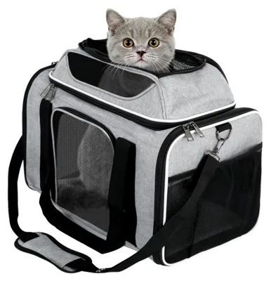 Produktbild von Transportbox für Katzen, faltbare Transporttasche für Katzen und Welpen bis 8 kg, atmungsaktive Transportboxen für Katzen, mit sicheren Reißverschlüssen, für Reisen oder Tierarztbesuche (Grau)