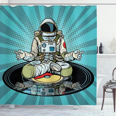 Image de ABAKUHAUS Rideau de douche Astronaut, motif représentant un cosmonaute faisant du yoga avec un effet rayon de soleil au dos, 175 x 200 cm, turquoise multicolore