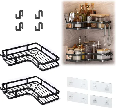 Produktbild von MODFU Ablagen 2er-Set Badezimmereckregal – bohrfreie Wandmontage, doppellagig, aus schwarzem Eisen