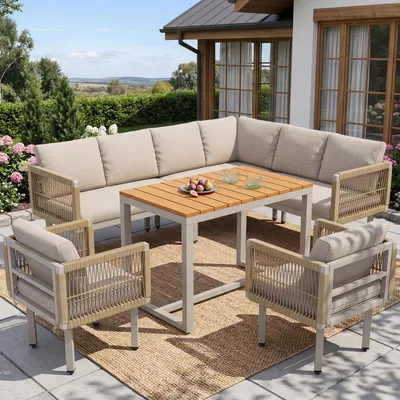 Image de Ensemble de mobilier de jardin Flieks 6 pièces, ensemble de salon de jardin pour 8 personnes, ensemble de mobilier de balcon et de jardin au design tressé, ensemble de canapés avec coussins, beige
