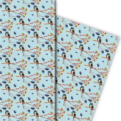 Produktbild von Edles gemaltes Geschenkpapier mit exotischen Vögeln, hellblau - G8071, 32 x 48cm