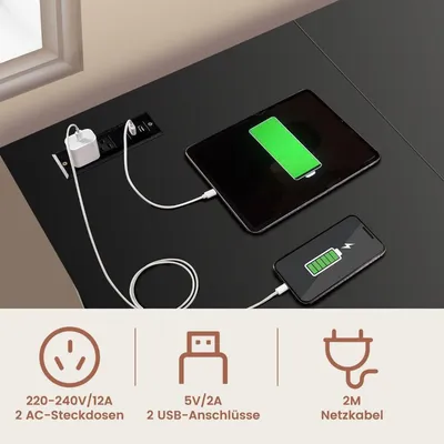 Zdjęcie produktu dla Biurko Narożne w kształcie litery L z gniazdkami i wzmacniaczami Porty USB 120 x 120 x 75 cm czarne