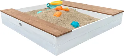 Produktbild von AXI Evy Sandkasten aus Holz mit Sitzbank, Stauraum & Behältern für z.B. Wasser | Sandkasten in Weiß & Braun inklusive Bodenplane & Abdeckplane | 119 x 117 cm