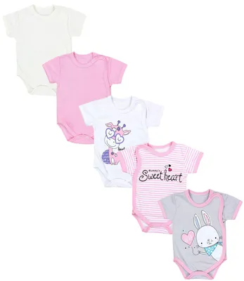 Produktbild von TupTam Baby Mädchen Kurzarm Wickelbody Baumwolle 5er Set , Farbe: Streifen Giraffe Kaninchen Rosa Weiß Grau , Größe: 74
