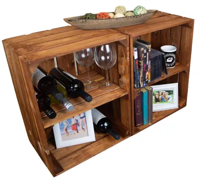Produktbild von 2er Set Holzkiste "Johanna" mit Mittelbrett quer lasiert in ocker 50x40x30cm Obstkistenregal Weinkiste Apfelkiste Regalkiste