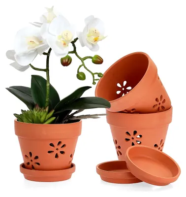 Produktbild von 3 Pcs Terrakotta Blumenkasten mit Untersetzer 15cm Klein Tontöpfe Atmungsaktive Blumentöpfe mit Ablaufloch Rund Pflanzgefäß Balkon Kräutertopf Indoor Übertopf Set Geschenke für Gartenliebhaber