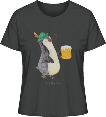 Produktbild von Mr. & Mrs. Panda Kurzarmshirt Damen Pinguin Bier Größe L - Anthrazit - Geschenk, , Shirt Mit Spruch, Oberteil, Basic T-Shirt, Pinguine, Beschwippst, Kurzarm