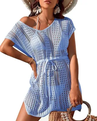 Damen Strandkleid mit V-Ausschnitt, Lockere Tunika und Häkelarbeit für Badebekleidung und Bikini Cover-up