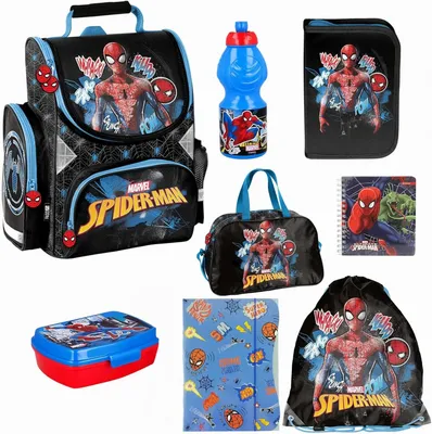 Produktbild von Set XXL 8er Schulranzen ergonomischer Ranzen Federmappe Notizbuch Turnbeutel Sporttasche Brotdose Trinkflasche Spiderman Motiv 1-3 Klasse