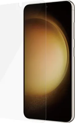A screen protector is shown placed on a smartphone.