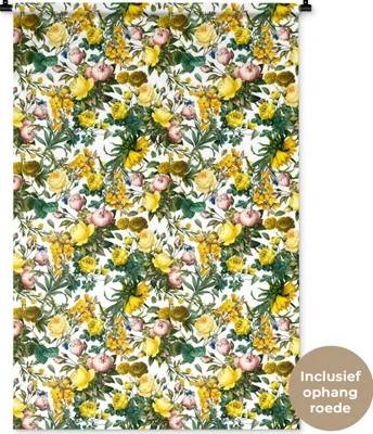 Produktbild von MuchoWow® Wandteppich Wandbehang Pfingstrose - Gelb - Muster 90x135 cm Tapisserie Dekoration Wandtuch - Baumwolle - Wandskulptur