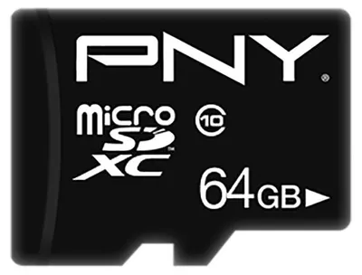 A close-up image of a black MicroSDXC card with white text and logos.