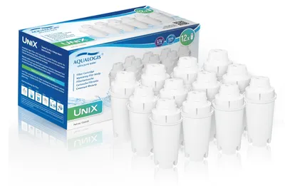 A box of Aqualogis UniX filter cartridges with several cartridges arranged in front of the box.