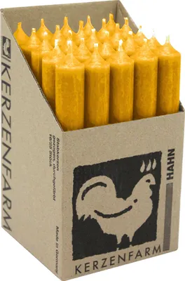 Produktbild von Stabkerzen aus Paraffin, 180/22 mm, Currygelb, KERZENFARM HAHN, Brenndauer ca. 8h, 25 Stück pro Verpackung