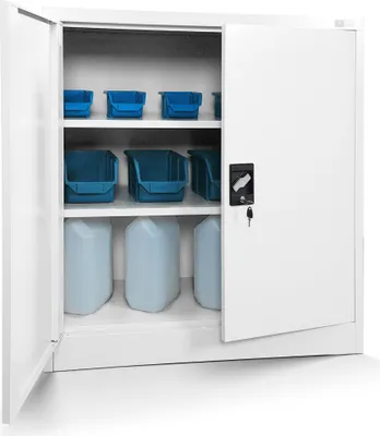 A white metal cabinet with its doors open, revealing shelves stocked with blue storage bins and large translucent containers.