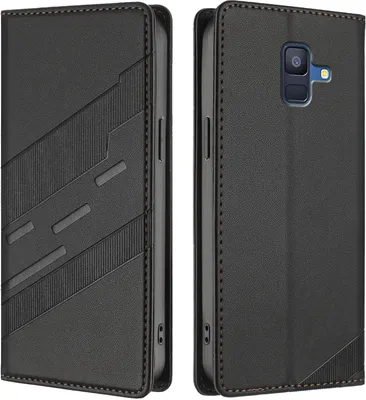 Two views of a black leather flip phone case.