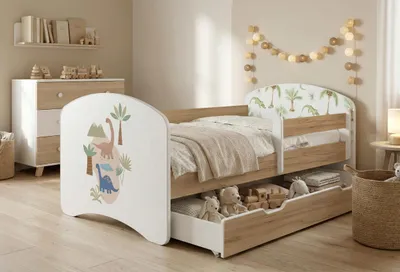 Obrázek produktu pro Dětská postýlka Happy Babies s bočními zábranami pro chlapce, 140 x 70 cm, do dětského pokoje, se zásuvkou, matrace, jednolůžko pro děti, zlatá, barevné samolepky