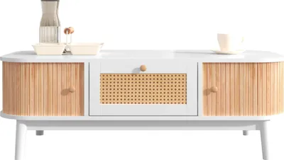 Produktbild von Couchtisch Rattan-Kaffeetisch, Schubladen mit Rattan und Schiebetüren mit Massivholzlatten, Massivholzbeine 110 L x 55 B x 38.5H(cm) Weiß