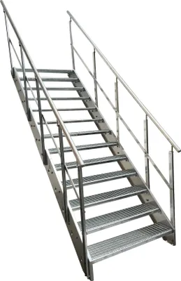 A metal staircase with a railing and grated steps, isolated on a white background.