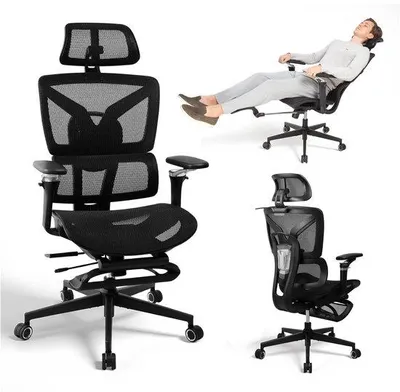 Zdjęcie produktu dla Krzesło biurowe ergonomiczne – z regulowanymi podłokietnikami, podnóżkiem, podparciem lędźwiowym – krzesło obrotowe z siatki – obrotowe o 360 stopni – krzesło do pracy