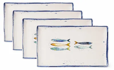 Produktbild von Teller, mediterran mit Sardinen-Motiv | Maritime Servierplatte 30×20cm