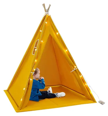 Image de Tente tipi pour enfants - Tente de jeu pliable - Maison de jeu pour l'intérieur et l'extérieur - Tapis de sol - Guirlande lumineuse - 120 x 120 x 140 cm