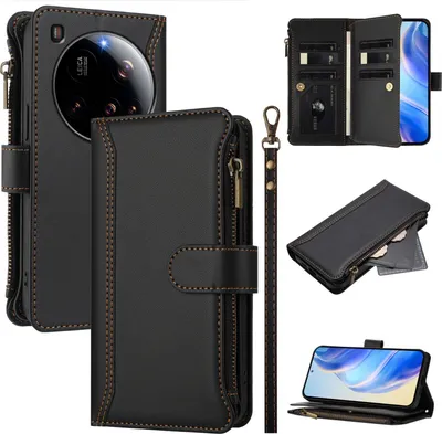 Produktbild von Handyhülle für Xiaomi 15 Ultra Reißverschluss Geldbörse Kunstleder Klapphülle mit Kartensteckplatz, Ständer, Handschlaufe Schwarz