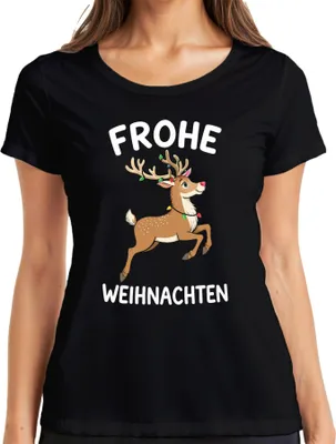 Produktbild von FROHE WEIHNACHTEN Rentier Lichterkette Niedlich Kinder Geschenk Damen T-Shirt, Schwarz, 3XL