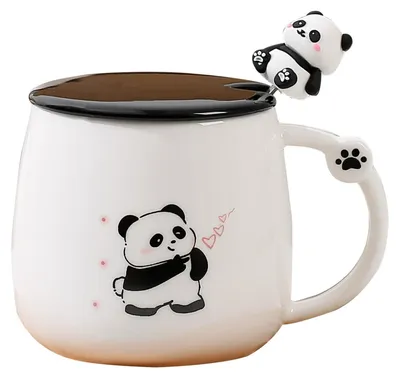 Zdjęcie produktu dla Filiżanka ceramiczna z pokrywką i łyżeczką, motyw pandy, pomysł na prezent