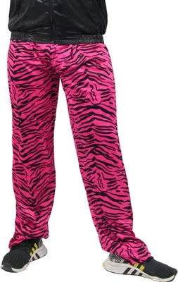 A person wearing pink and black zebra-print jogging pants and a black jacket.