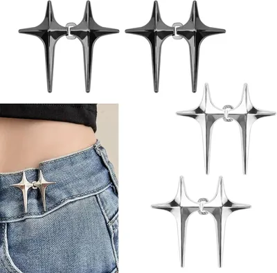 Produktbild von 4 Paar Stern Jeans Knöpfe Pins, abnehmbare Hose Taillenspanner Verstellbare Taillenschnalle Taillenknöpfe festziehen kein Nähen Hosen Enger Machen Clip für Jeans Hosen (Silber, Schwarz)