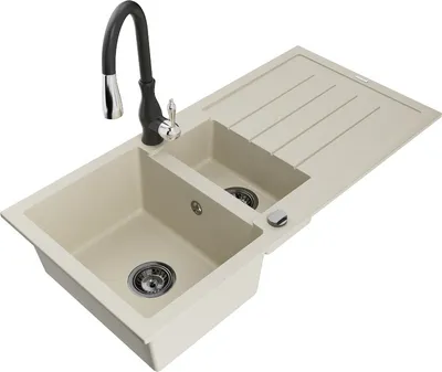 Produktbild von Mexen Andres 1,5-Becken-Granitspüle mit Abtropffläche und Mischbatterie Savita, Beige - 6515-69-672601-70